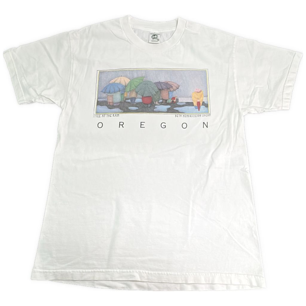 90年代 Beth Hendrickson Logan ベスヘンドリックソンローガン Smile at the Rain 半袖Ｔシャツ アート(メンズ L)中古 古着 Y1662