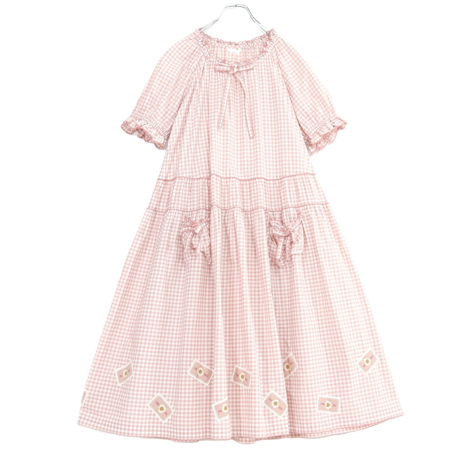 【美品】ピンクハウス★ふんわりフォルム♪ギンガムptワンピース ピンク系 ひな菊ワッペン♪2024年製 薄手 z20026