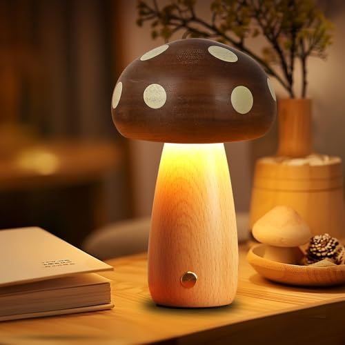 木製マッシュルームランプ コードレス充電式 タッチ調光 おしゃれ 常夜灯 寝室 雰囲気照明 、レス タッチ式調光 おしゃれな寝室ライト 雰囲気照明 癒しのインテリア 国内発送 d4f52de9
