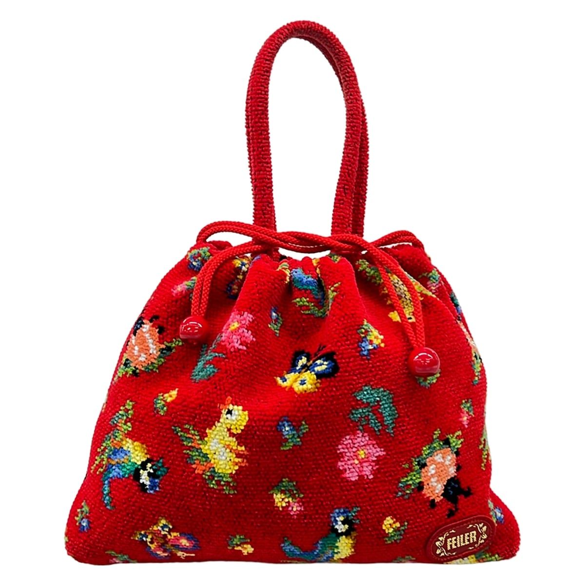 FEILER(フェイラー) トートバッグ美品 - レッド×イエローグリーン×マルチ 花柄/巾着型/ミニバッグ