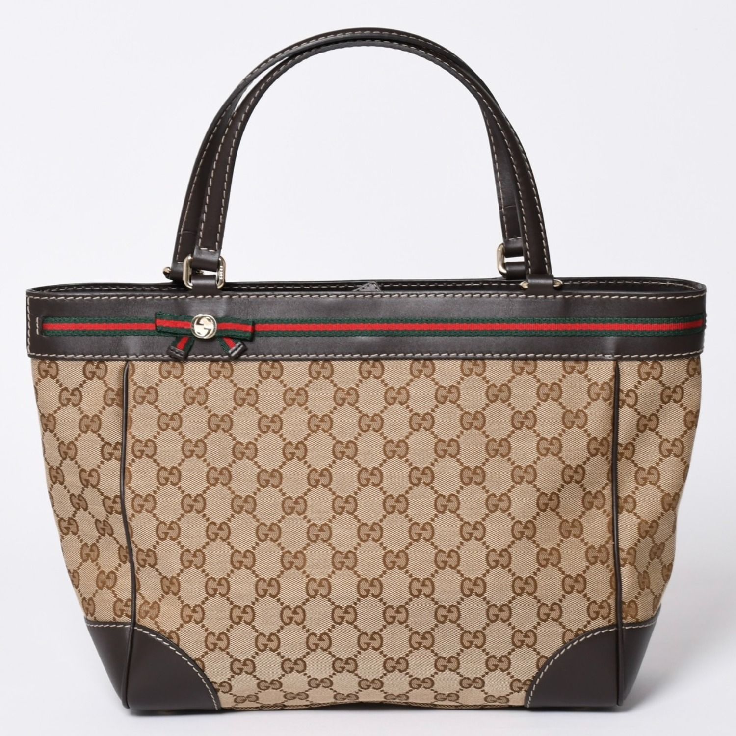極美品 GUUCI グッチ Tote Bag トートバッグ GGキャンバス シェリーライン ブラウン ベージュ 257061 ゴールド金具 中古 4a002059