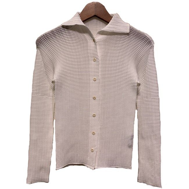 【中古】　ISSEY MIYAKE　プレーンブラウス　長袖　シャツ　トップス　スタンドカラー　フルボタン　無地　プリーツ　ストレッチ　日本製　ドメスティック　古着　/2496