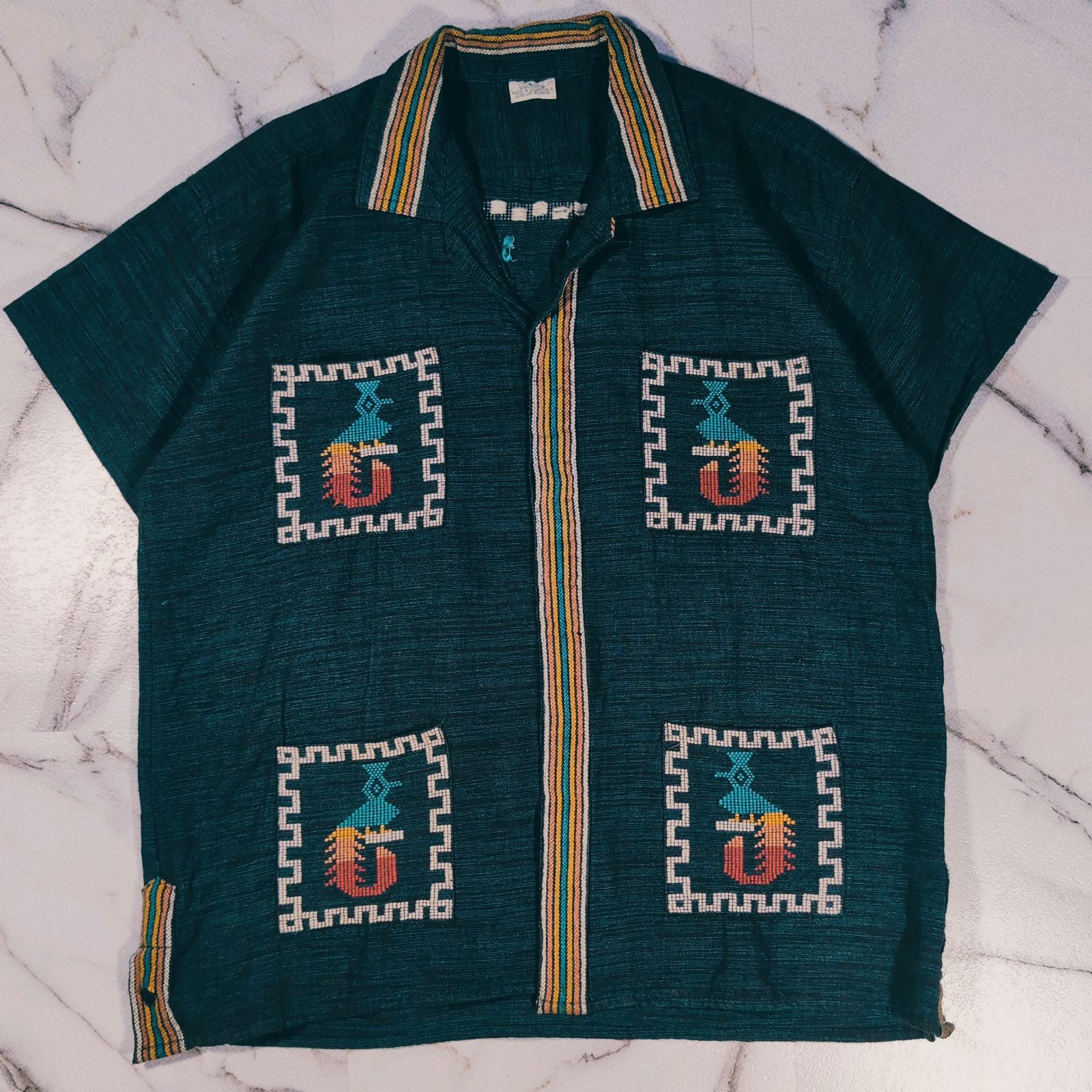 70~80s Guatemala S/S Shirt M グリーン 比翼仕立て 開襟 4ポケット 両面刺繍 グアテマラ製 オープンカラー