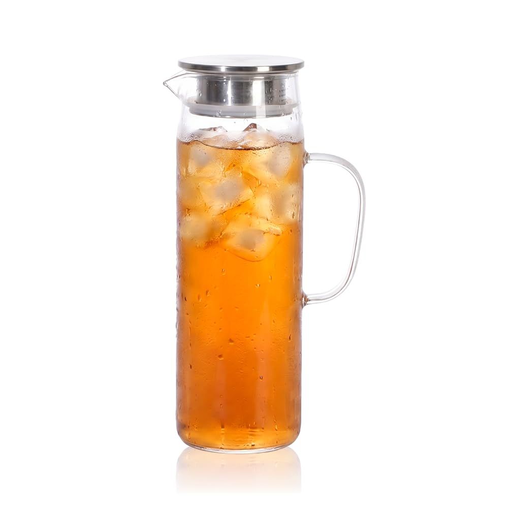 Qrit 麦茶ポット ピッチャー ホウケイ酸ガラス ステンレス蓋付き 耐熱 広口スリム設計 2way茶こし フィルター付 (1,500ml) [1,500ml]