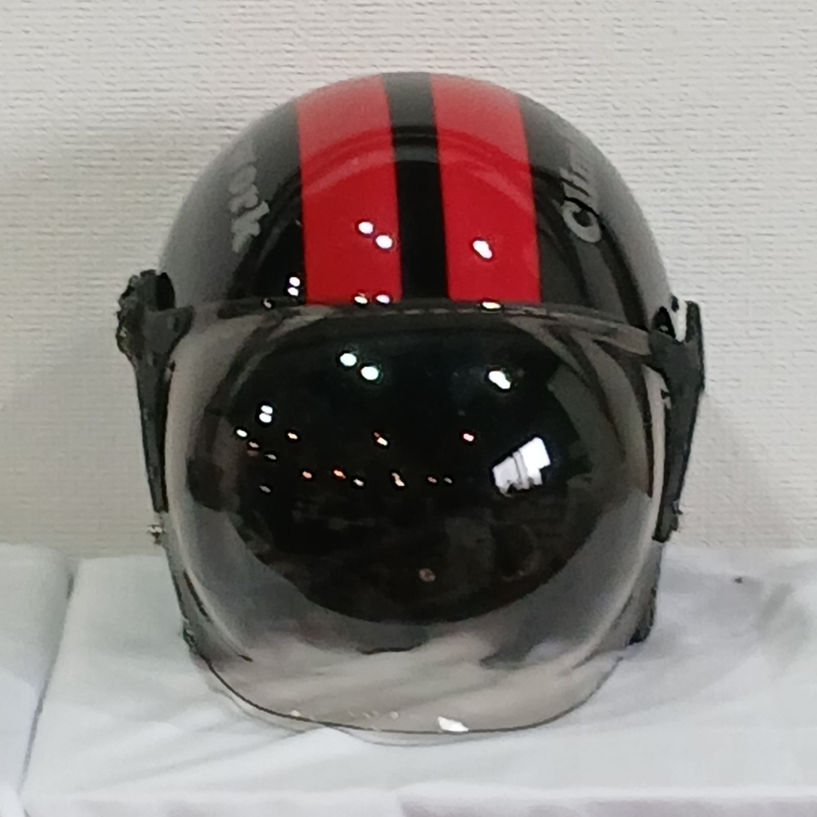 ジェットヘルメット 黒と赤のストライプ バイク用ヘルメット PSCマーク 