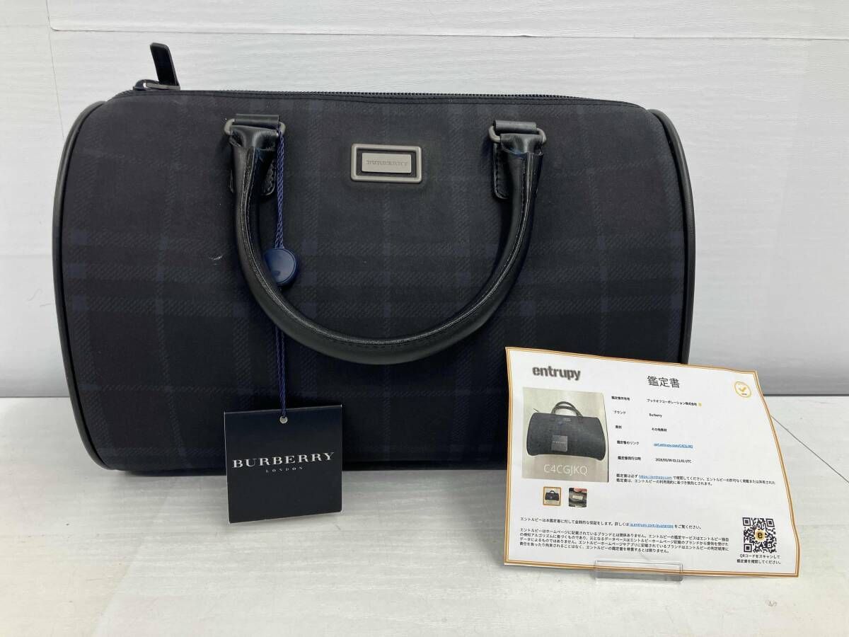 鑑定済み／BURBERRY／ミニボストンバッグ／チェック柄／ネイビー 
