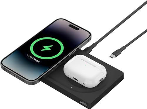 Belkin 2 in 1 MagSafe充電器 最大15W高速充電 ワイヤレス充電器 MagSafe公式認証 iPhone17,16?12 / AirPods 対応 USB-C to Cケーブル付属(1.5m) AC電源アダプタの付属なし ブラック WIas