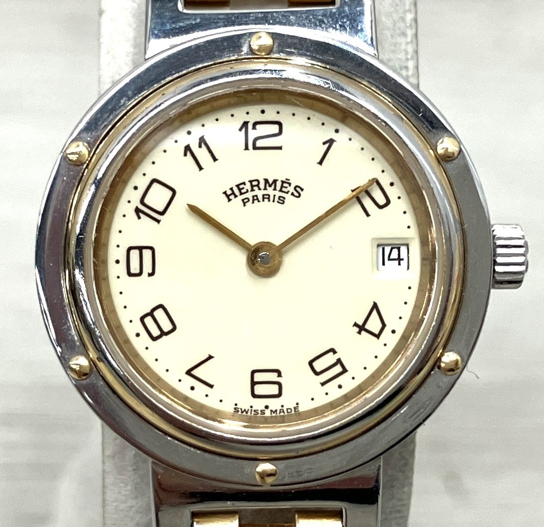 HERMES エルメス クリッパー 272*** アイボリー文字盤 コンビ クォーツ 腕時計【2025/10・研磨・電池交換済】