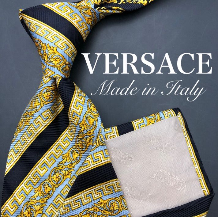VERSACE ネクタイ 黒 金 青 総柄 グレカ ストライプ メデューサ柄 6,622円