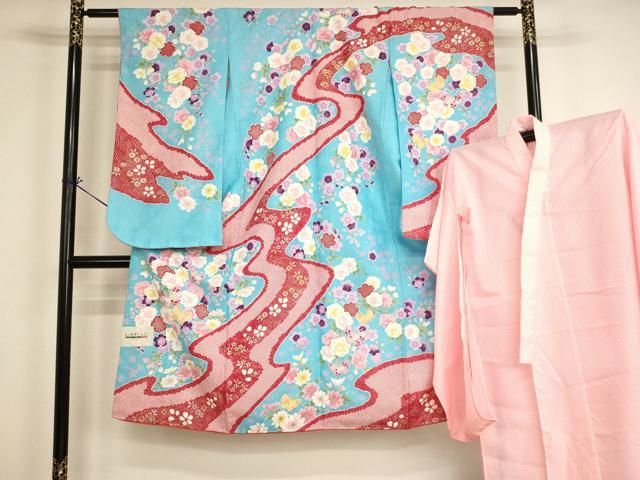 平和屋着物[]七五三　女の子　７歳　祝着　四つ身　長襦袢（単衣）セット　花蝶文　金彩　未使用　AABI2664ja