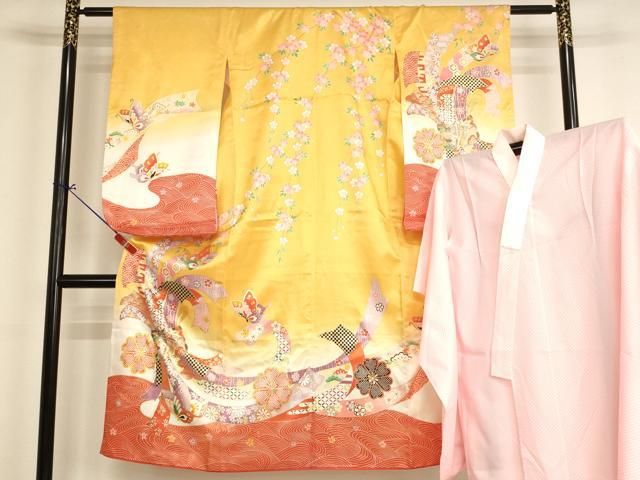 平和屋着物[]七五三　女の子　７歳　祝着　四つ身　長襦袢（単衣）セット　束ね熨斗花蝶文　暈し染め　金彩　AABI2666ja