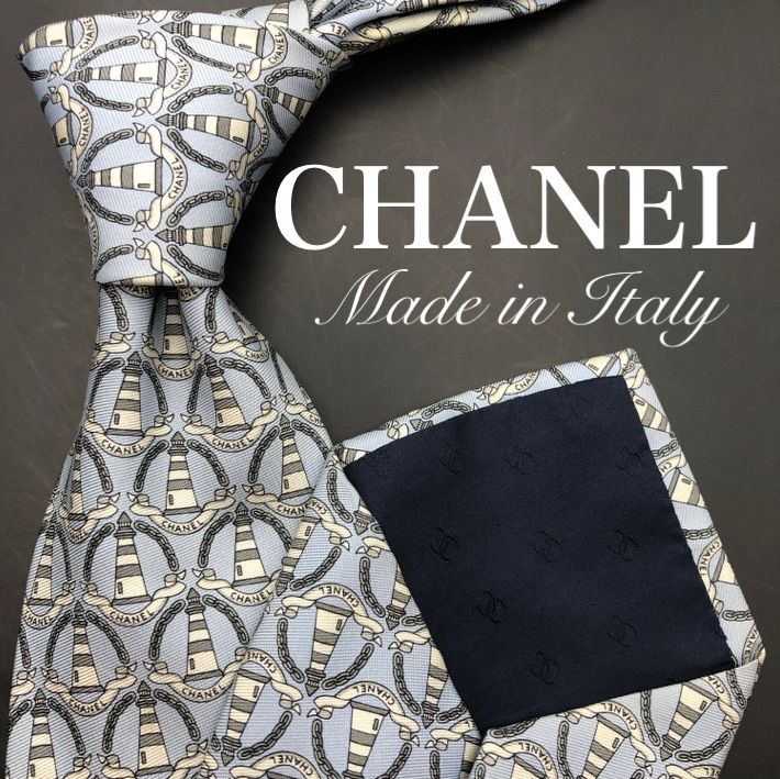 CHANEL シャネル ネクタイ 水色 青 白 総柄 灯台 鎖模様 ハイブランド メンズ CHANEL シャネル ネクタイ 水色 青 白 総柄 灯台 鎖模様 ハイ