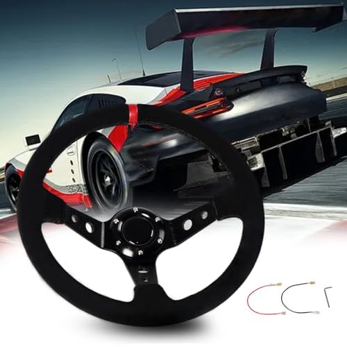 ステアリング 35パイ ハンドル 車用 ディープコーン ブラックスポーク スポーツタイプ 軽量アルミニウム ライチ柄 ステアリングホイール 車用 ホーンボタン付き/赤 スエード-赤