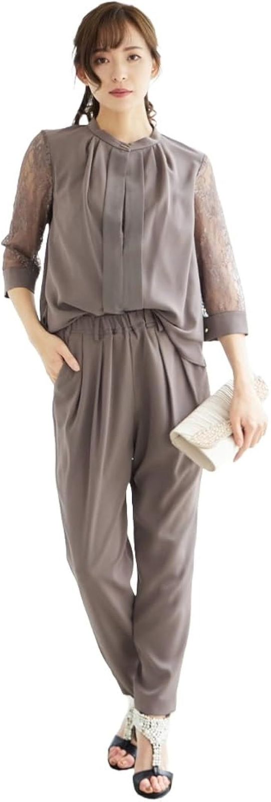 MORE AUNI スリーブレース切り替えパンツドレス セットアップ 上品 おしゃれ 結婚式 二次会 入学式 卒業式 軽い生地 ゴールド留め具 袖カフス 洗練 きれいめドレス デイリー同窓会 (モカ, 3L)