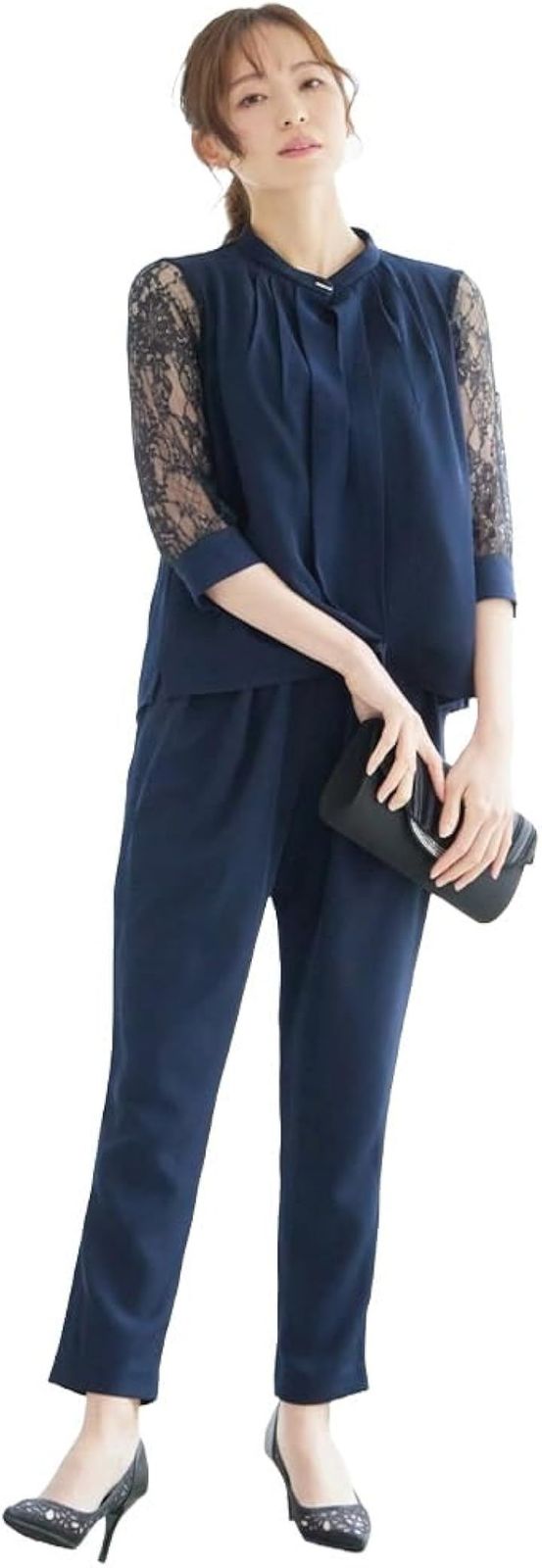 MORE AUNI スリーブレース切り替えパンツドレス セットアップ 上品 おしゃれ 結婚式 二次会 入学式 卒業式 軽い生地 ゴールド留め具 袖カフス 洗練 きれいめドレス デイリー同窓会 (ネイビー, XL)