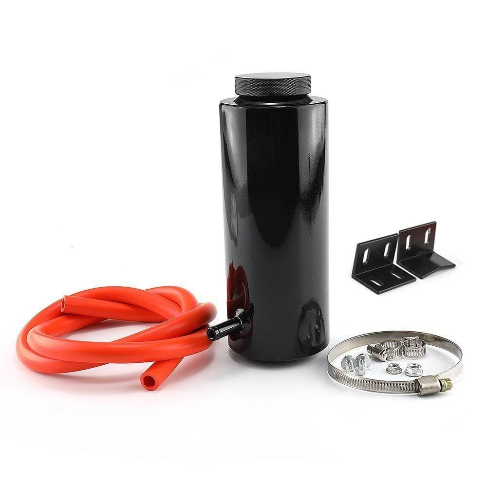 汎用 円筒型 アルミ リザーバータンク 800ml ホース/ブラケット/金具 一式付属 リザーブ タンク ボンネット 車 ラジエター 冷却水 コンパクト 補助タンク ジムニー ラングラー N-BOX ハイエース プリウス ヤリス カローラ シエン [ブラック]