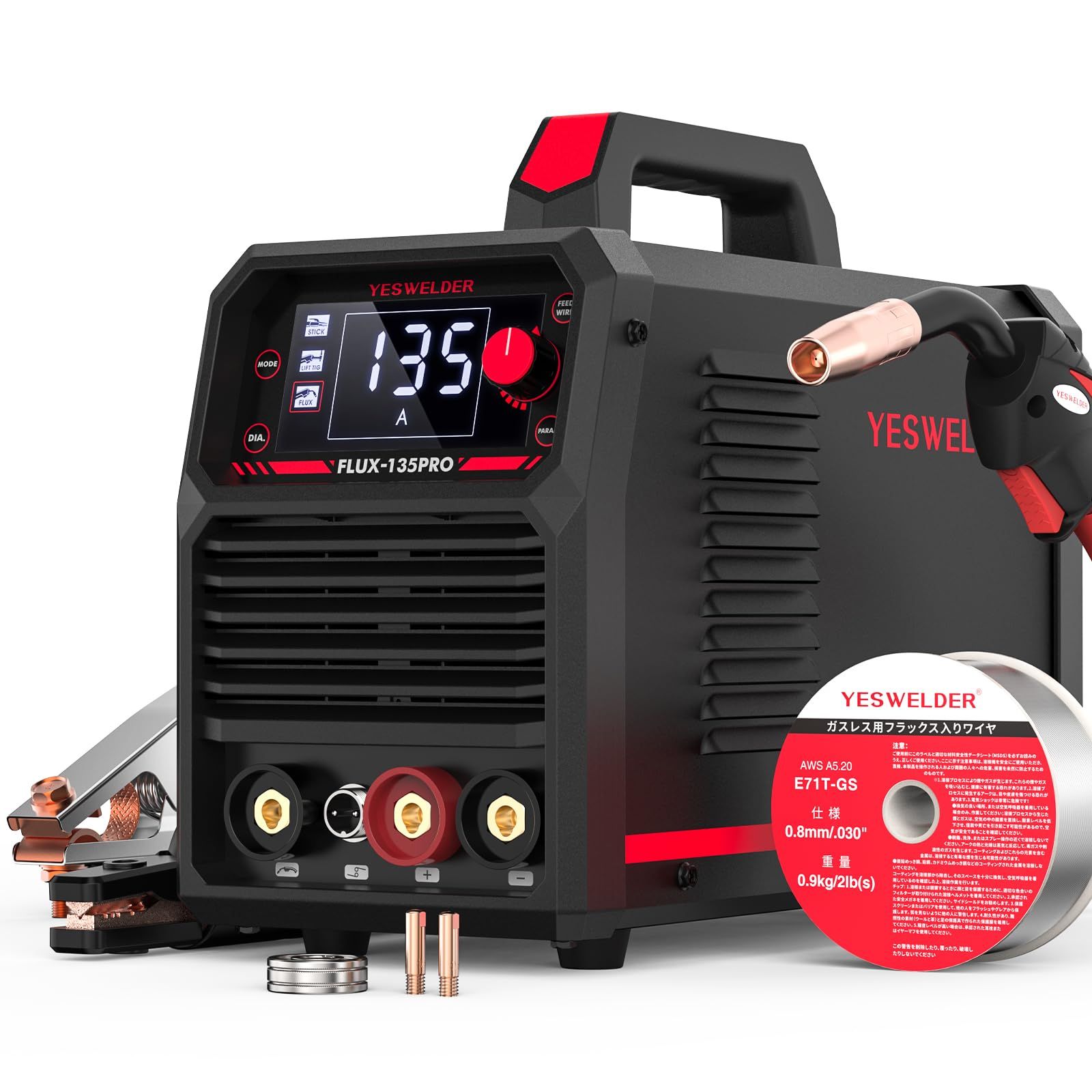 【新品】半自動溶接機 最大出力135A100V?200V兼用 1台3役 ノンガスMIG?被覆アーク?LIFT TIGに対応 大型LEDデジタル画面 電流?電圧?インダクタンス調整可能 付属ワイヤ 定格使用率60％ 初心者向け 家庭用溶接機 半 38dd7daf