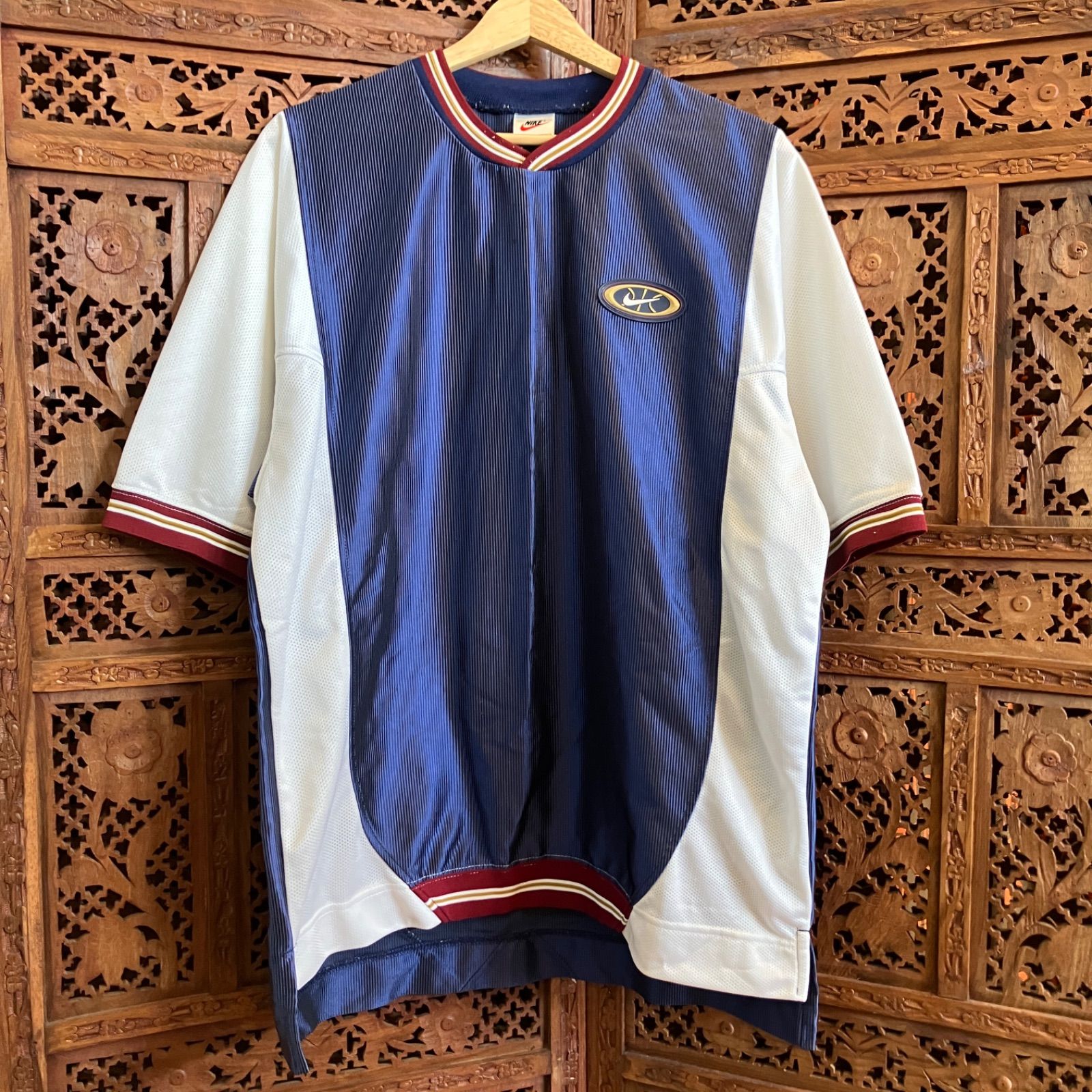 90年代 NIKE ナイキ スウォッシュロゴ ウォームアッププルオーバー メンズ2XL 古着 90S ビンテージ ヴィンテージ ワンポイントロゴ刺繍 メッシュ切り替え ネイビー×ホワイト 紺色 白