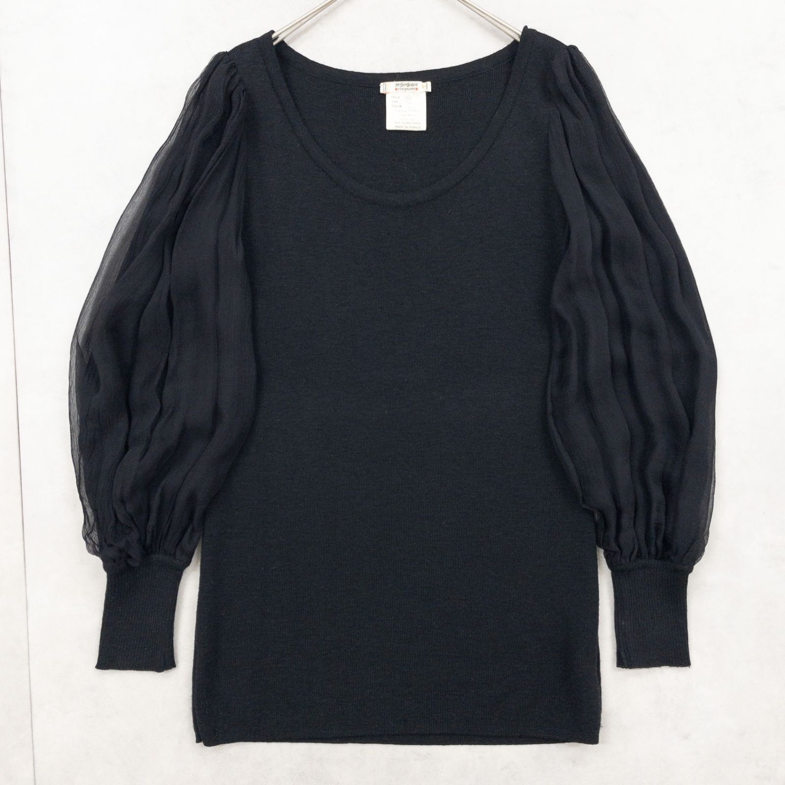 YVES SAINT LAURENT rive gauche イヴサンローラン リヴゴーシュ ニットトップス ヴィンテージ パフスリーブ 異素材切替 シルク ウール ブラック フランス製 レディース 36 b01462