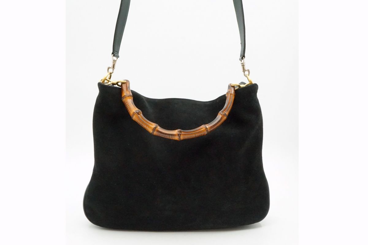 オールド グッチ ヴィンテージ バンブー 2way ショルダー ハンドバッグ 001 1014 1577 スエード 黒 ブラック GUCCI 6450h