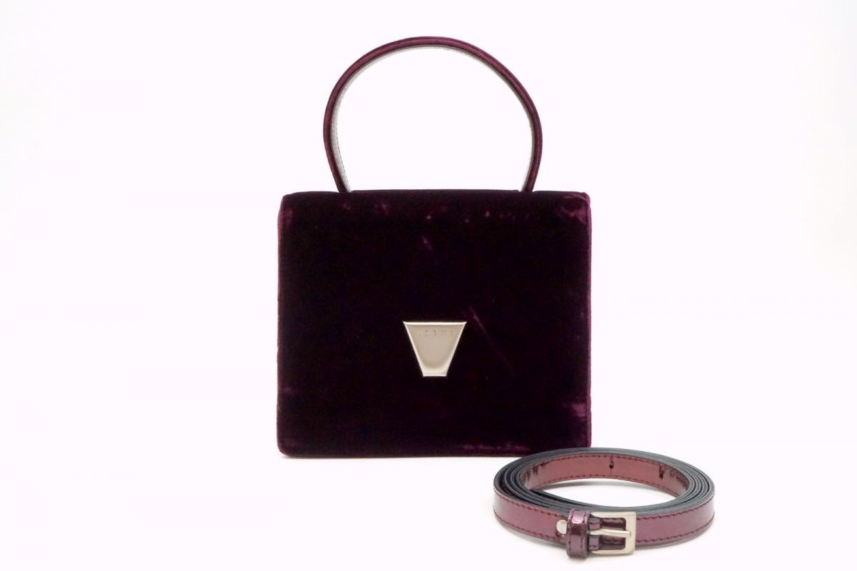 ロエベ ヴィンテージ 2way レア ショルダー ハンドバッグ スクエア ベロア 紫 パープル LOEWE 6452h