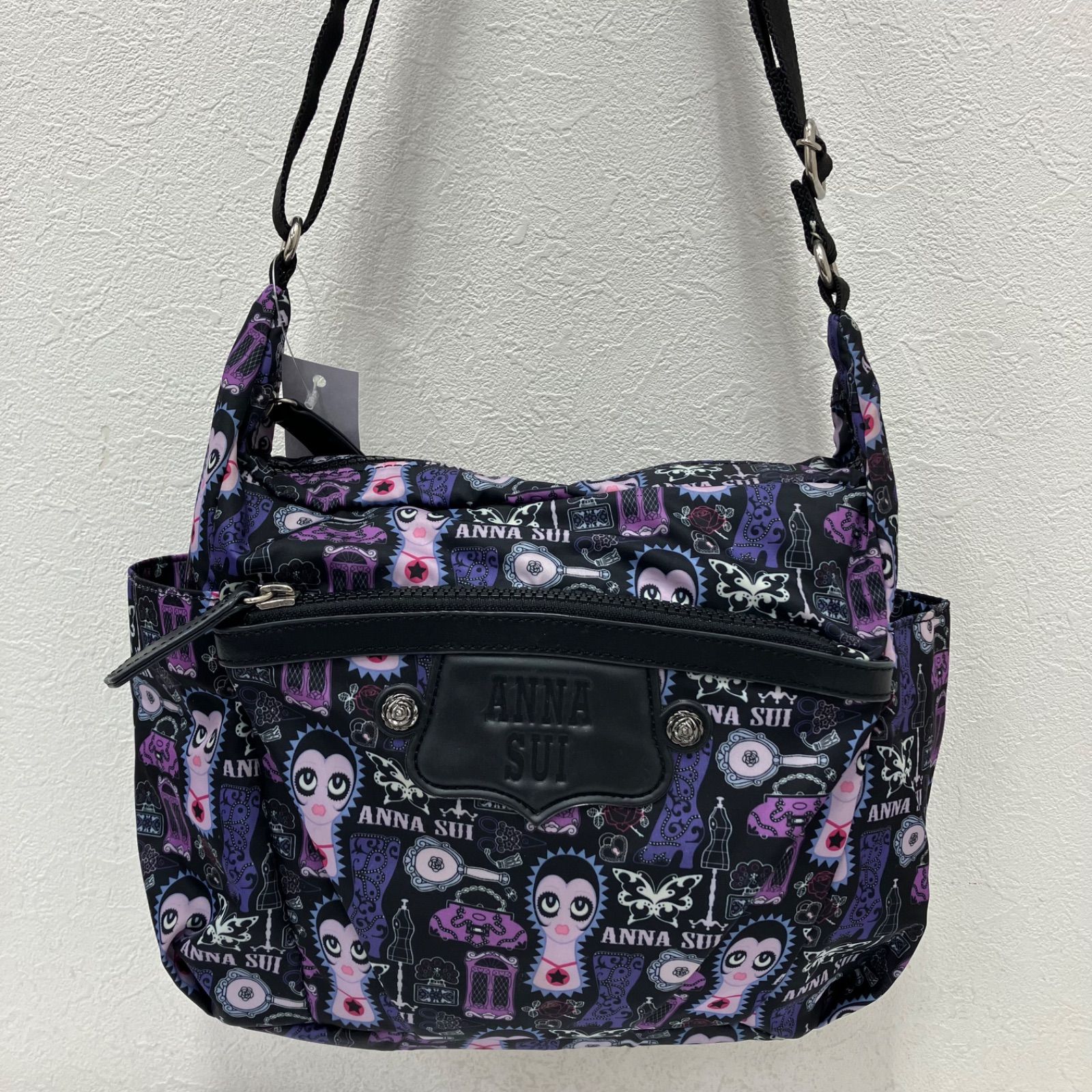3348　ANNA SUI　アナスイ　DOLLY GIRL　ドーリーガール　ショルダーバッグ　ブラック　黒　パープル　総柄　レディース　きれいめ