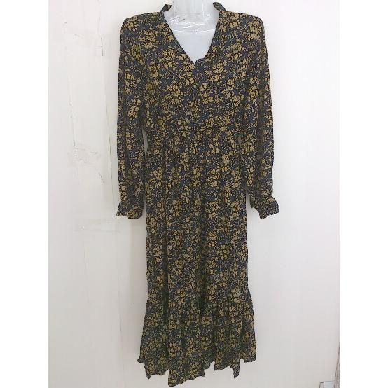 ◇ Girly Doll ガーリードール 総柄 ウエストゴム 長袖 ロング ワンピース ネイビー イエロー マルチ レディース 【中古】 【1203090001660】
