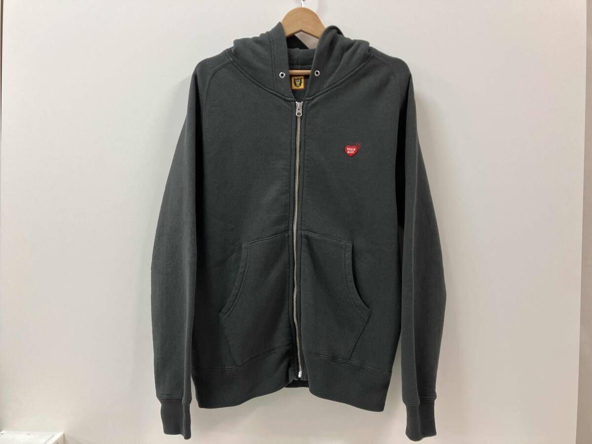 HUMAN MADE 24SS ZIP-UP HOODEI ロゴ フード付きジップアップパーカー メンズ Mサイズ 綿100% ダークグレー 日本製