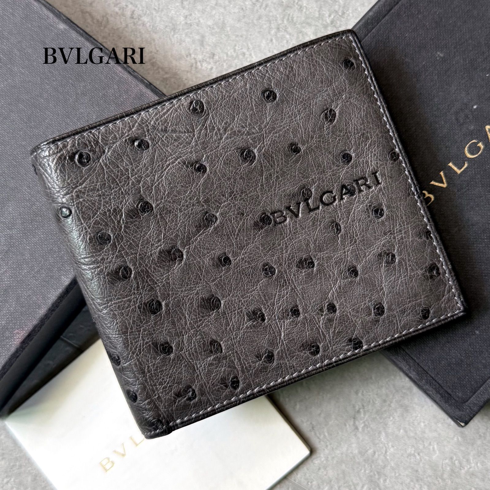 希少 BVLGARI ブルガリ 二つ折り財布 オーストリッチ レザー グレー