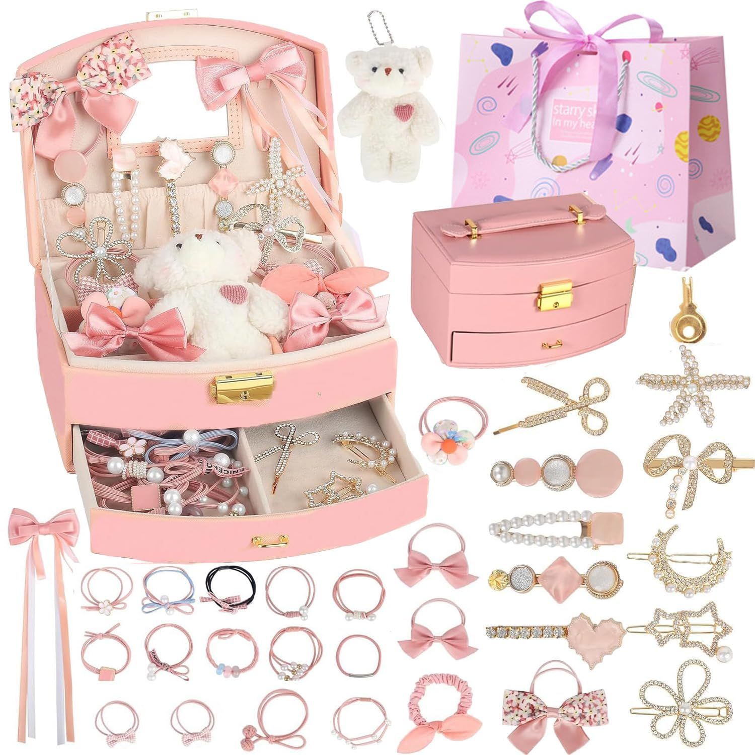 新商品 女の子ギフト クリスマス お姫様 誕生日 七五三 小学生 子供の日 入学式 入園式 プレゼント ヘアゴム ヘアクリップ (Cute 大容量 女の子プレゼント bear) ケース付き ヘアアクセサリーセット 4,743円