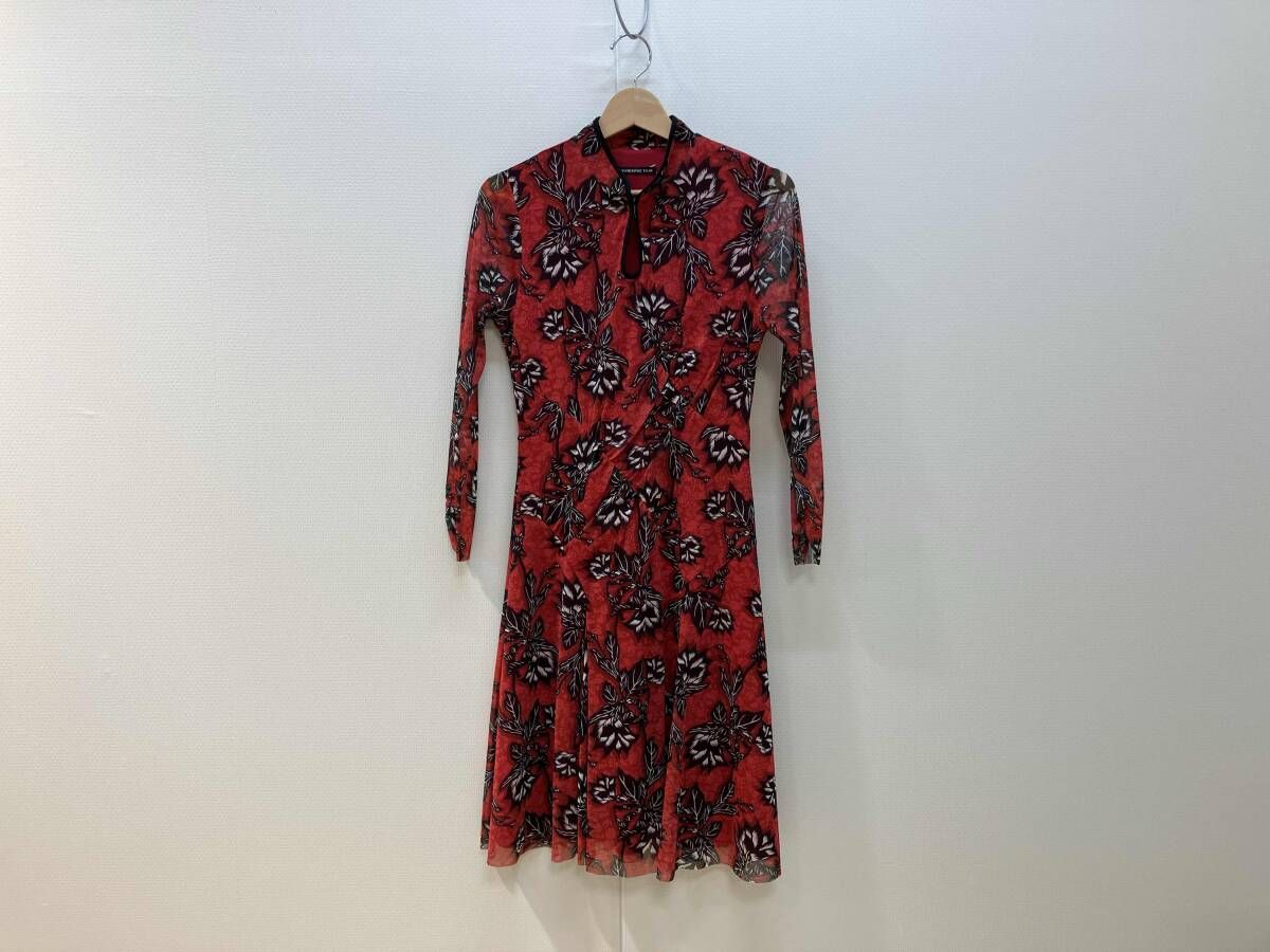 VIVIENNE TAM ヴィヴィアンタム 長袖ワンピース シアー パワーネット サイズ40 赤 レッド 花柄 ナイロン 07275140 レディース 日本製