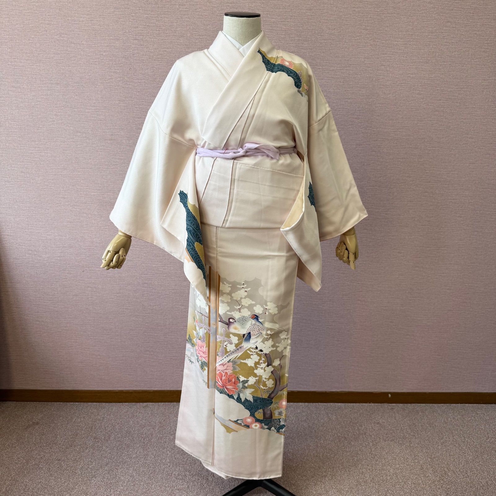付け下げ 訪問着 着物 ピンク 襖 鳥 花柄 リサイクル着物 h-1132