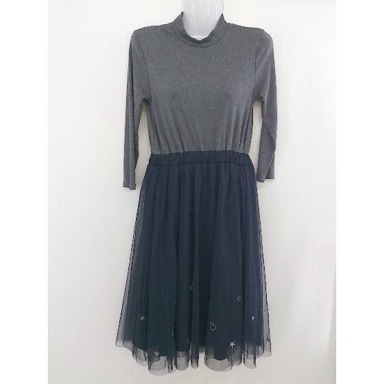 ◇ Khaju カージュ チュール 七分袖 膝下丈 ワンピース グレー ネイビー レディース 【中古】 【1203170000026】