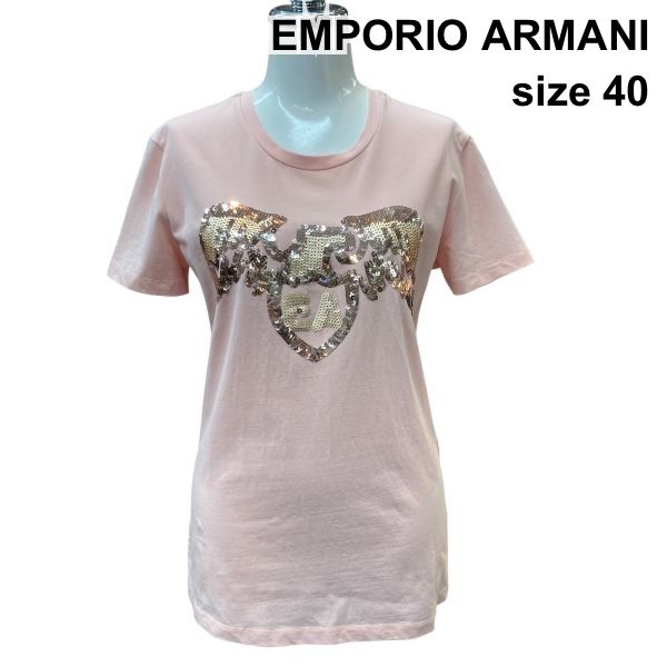 □ エンポリオアルマーニ ARMANI Tシャツ 半袖 ラウンドネック プルオーバー トップス スパンコール ピンク 綿混 40 M 9 レディース Z6C731