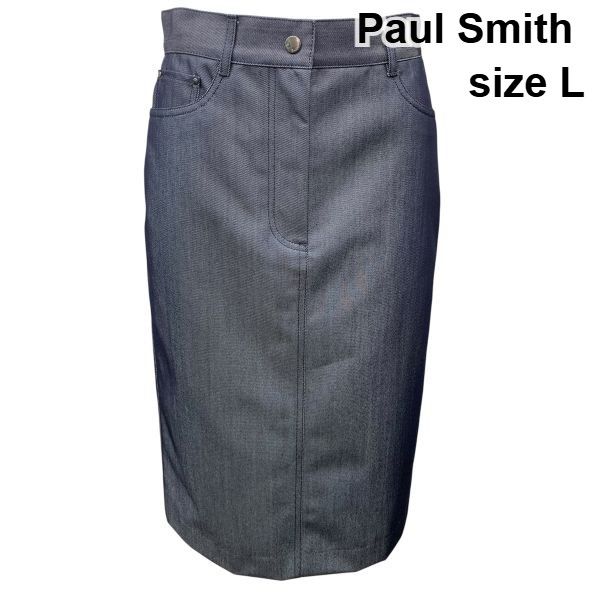 ◆ ポールスミス Paul Smith タイトスカート 膝丈 ウールデニム 革パッチ ネイビー 毛混 カーフスキン 40 L 11 レディース Z6C905
