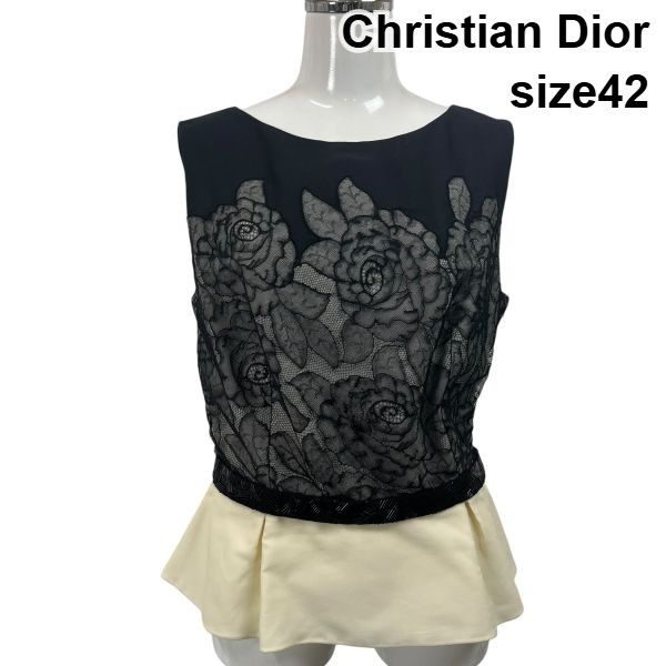 ●◇ クリスチャンディオール Dior ノースリーブブラウス ペプラム 花柄 レース メッシュ ビジュー 白 黒 絹 42 S 7号 レディース S6E189