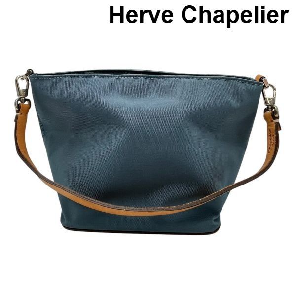 エルベシャプリエ Herve Chapelier 舟形ポーチ ミニポーチ 雑貨 小物 ブルー 持ち手ベージュ レザー ナイロン レディース 6V525