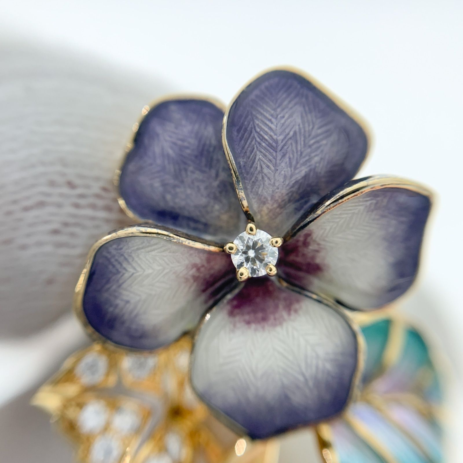 中古】ミキモト MIKIMOTO パール エナメル ダイヤ ピンブローチ お花 