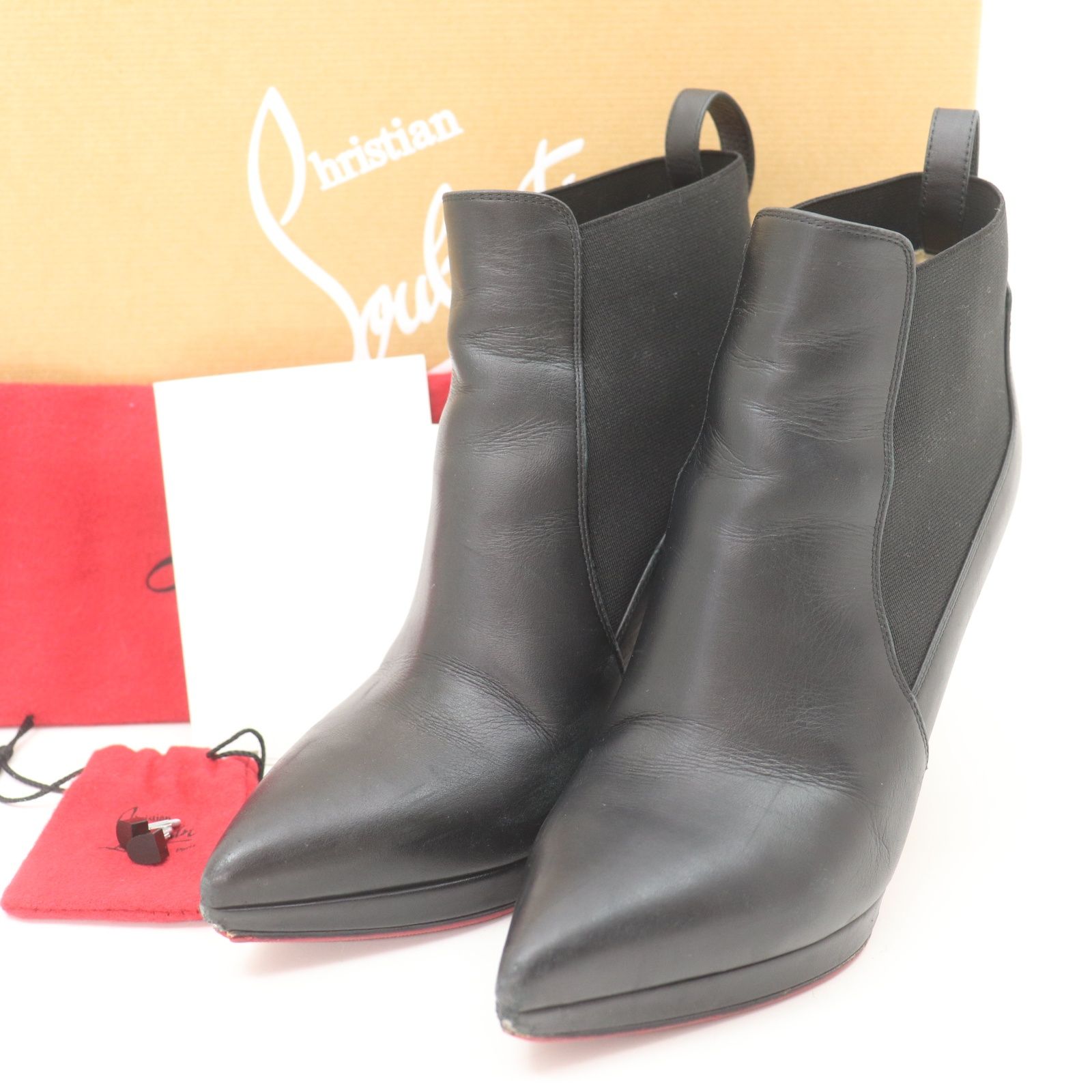 ITKLI3QDNJKE Christian Louboutin クリスチャン ルブタン レザー アンクルブーツ ショートブーツ ピンヒール ポインテッドトゥ ブラック 黒 レディース サイズ 36 1/2