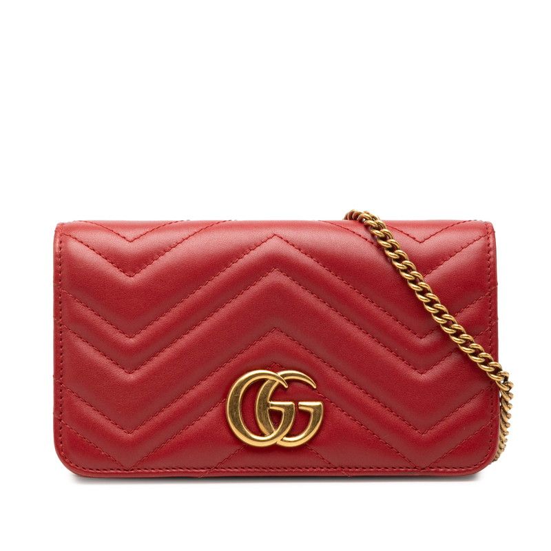 グッチ GGマーモント キルティング チェーン ショルダーバッグ 488426 レッド レザー レディース GUCCI【1-0267899】