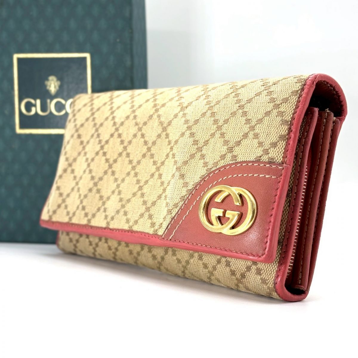 【余韻を纏う】　GUCCI　長財布 インターロッキング ディアマンテ キャンバス レザー オールドグッチ ヴィンテージ　ピンク