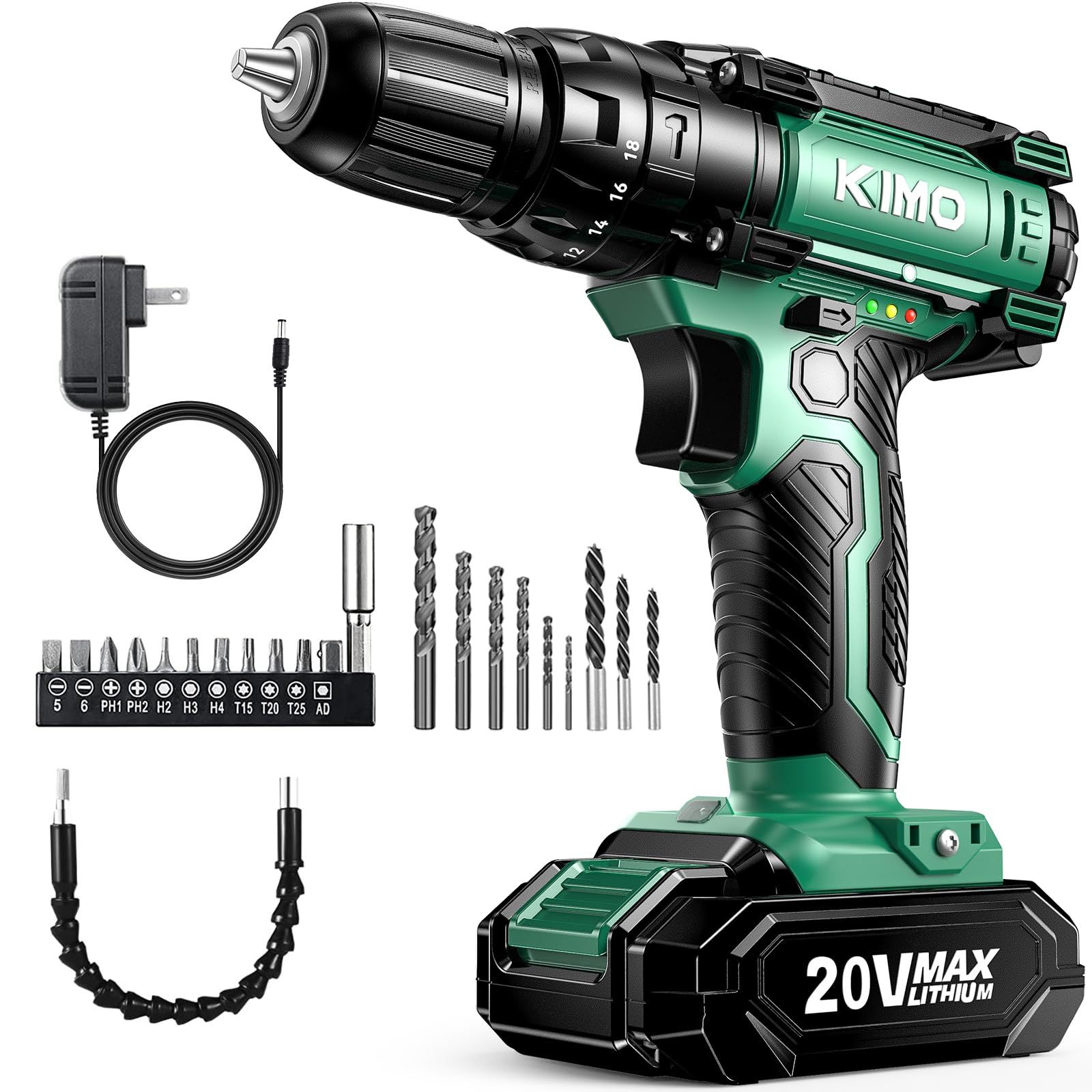 【1台3役 電動ドライバー 22本ビット 20V 2000mAhバッテリー】KIMO 電動ドリル 電動ドライバー 電動工具 最大トルク35N.m 18階段強度 LEDライト付き 二段変速 高回転速度 正逆回転 調節ねじを締め ネジ締め ソフト軸 0.85kg軽