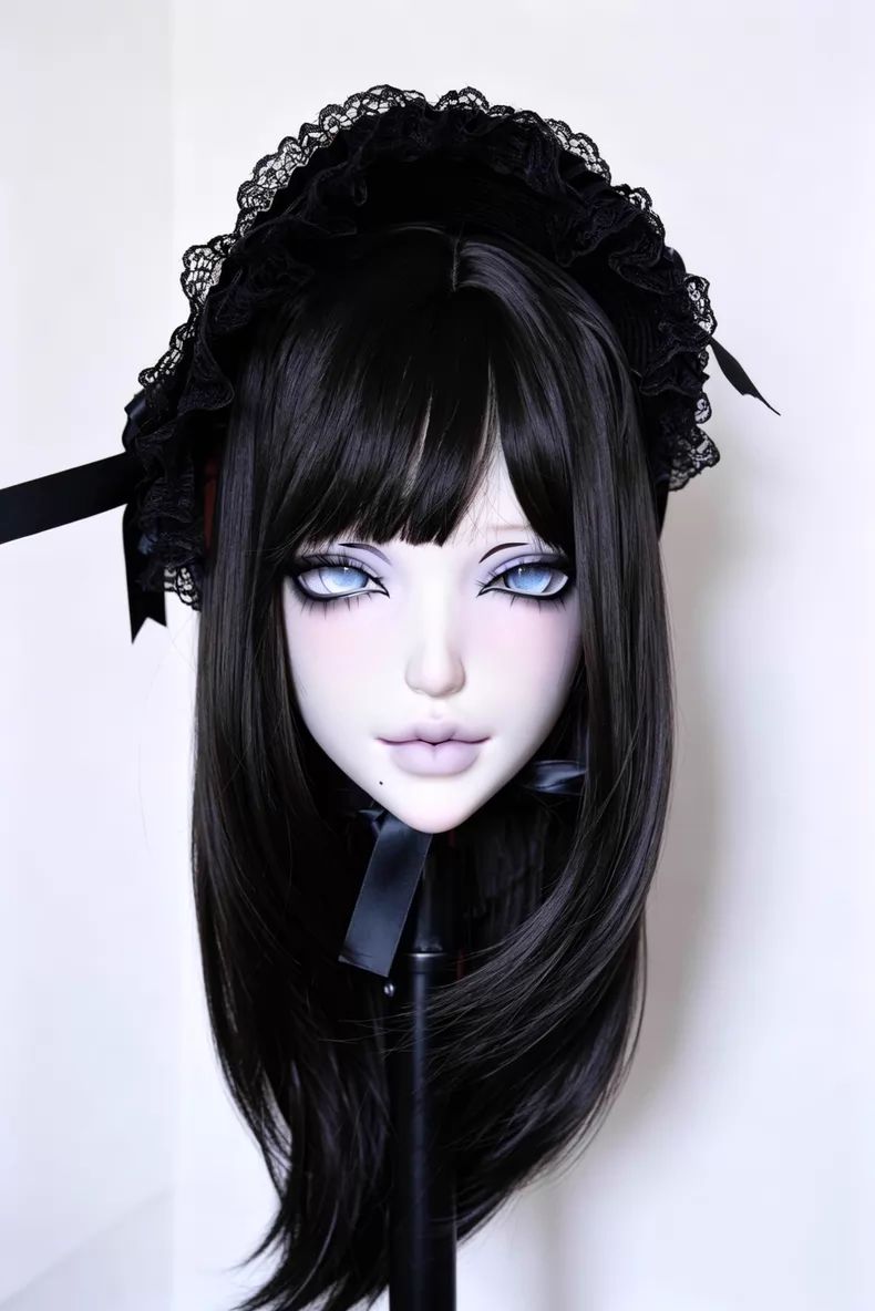キグルミマスク フェイスシェル 美少女 ドール顔 写実系 涙ぼくろ 泣きぼくろ ブラック ロングヘア グレーアイ 蒼白肌 ゴシック幽玄系 黒レース 半頭/全頭選択可 ハンドメイド 新品 オーダー対応