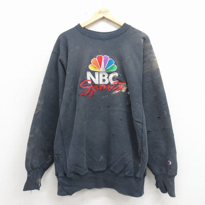 XL/古着 長袖 チャンピオン Champion リバースウィーブ メンズ 90年代 90s NBC 刺繍 ボロ クルーネック 濃紺 ブリーチ加工【spe】 26apr17 10,268円