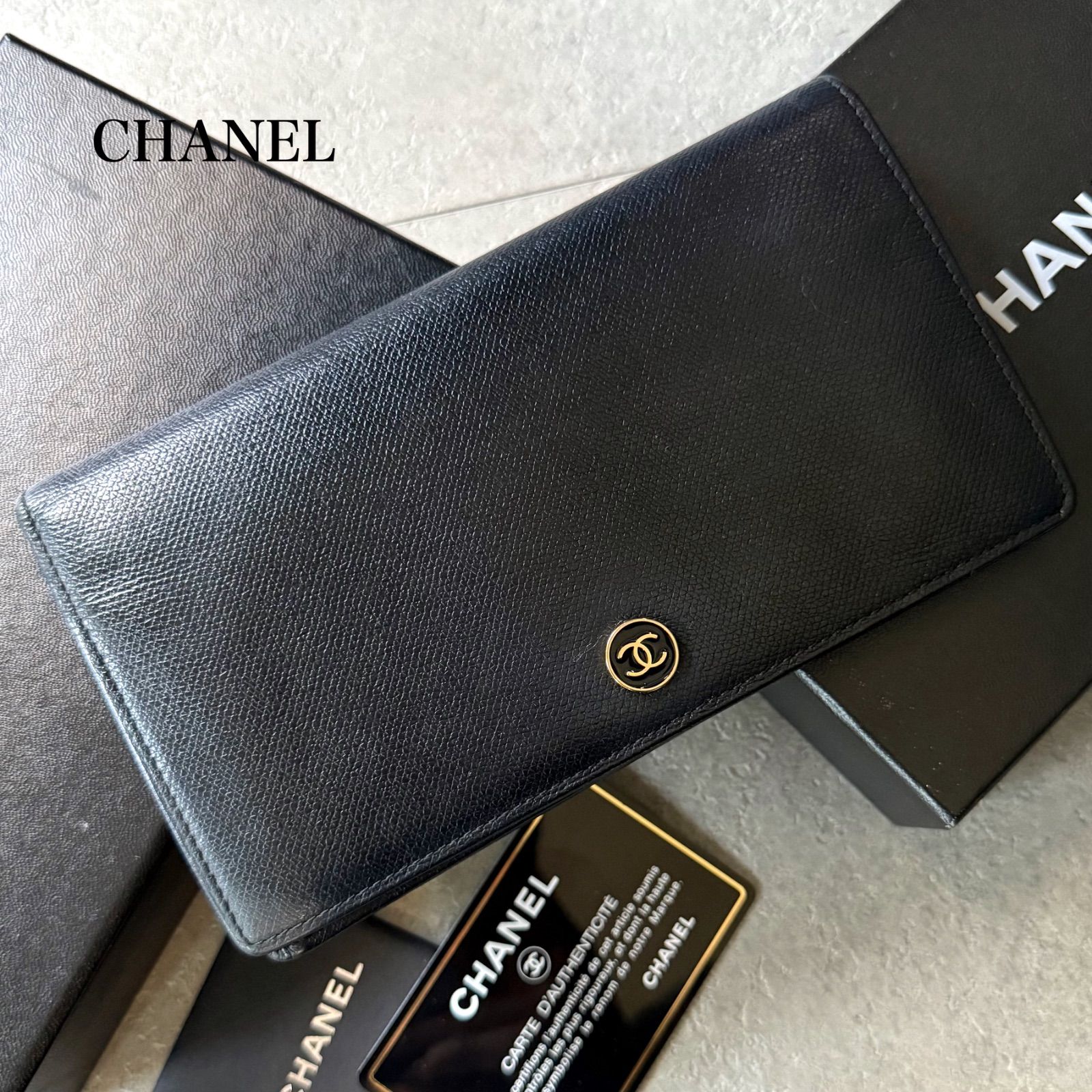 美品 CHANEL シャネル ココボタン ココマーク 二つ折り長財布 ブラック 