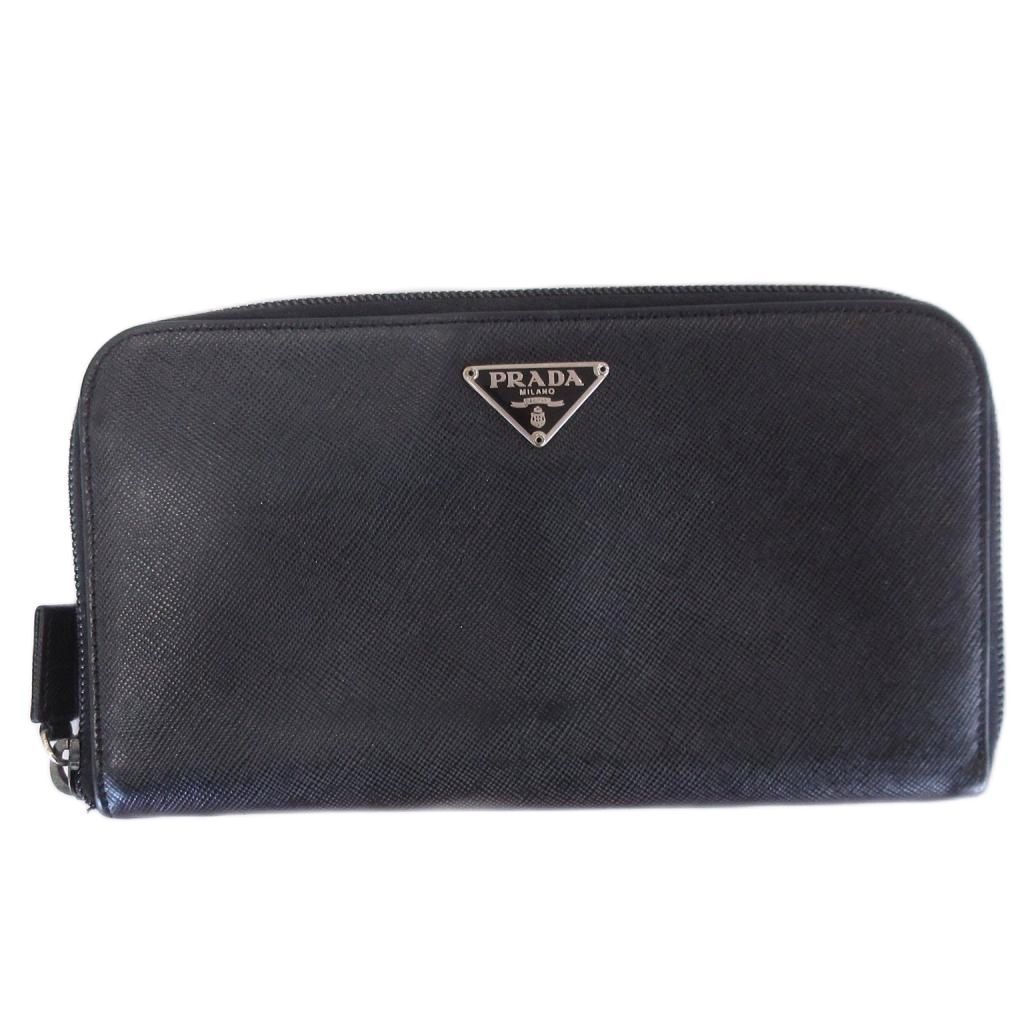 プラダ PRADA サフィアーノ ラウンドファスナー 長財布 三角プレート 黒 ブラック ウォレット ☆AA★