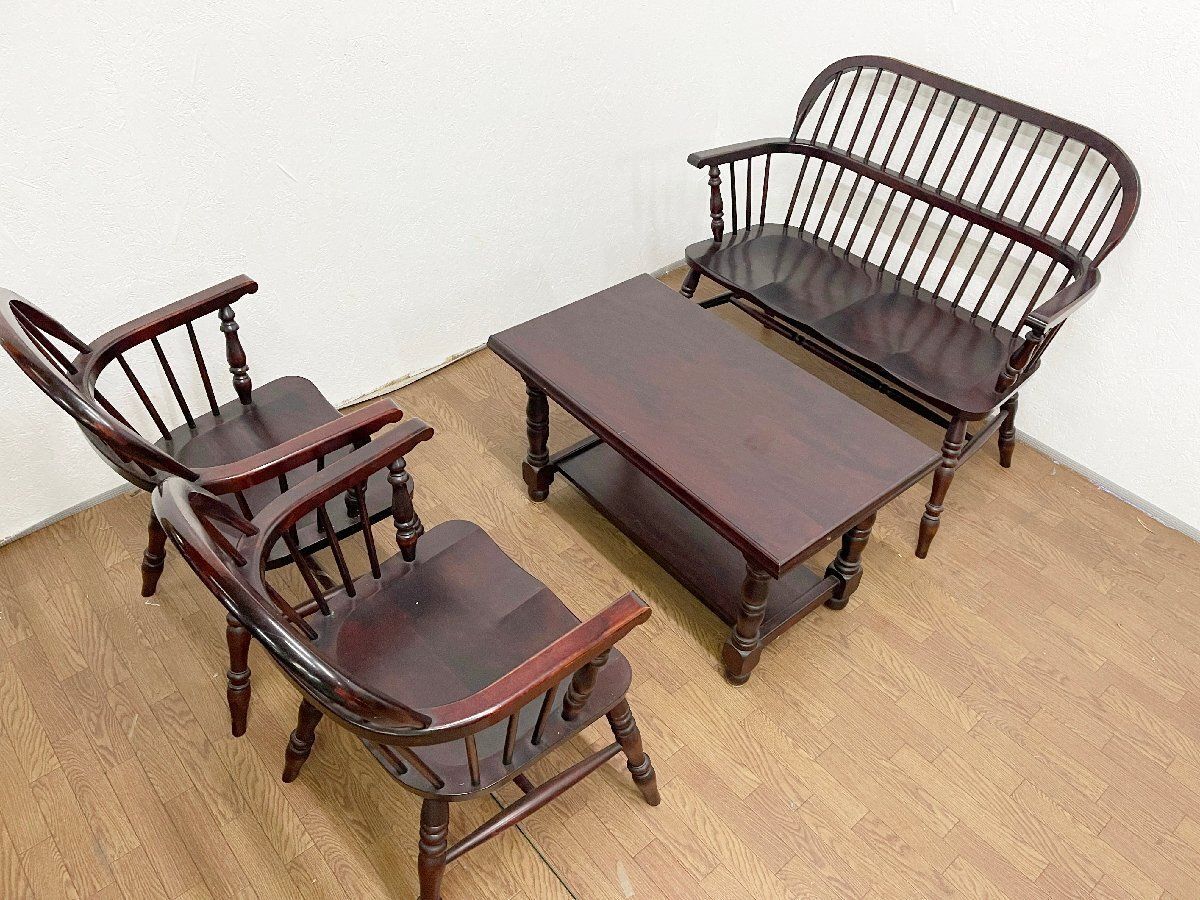 ▼松本民芸家具？ 時代物応接4点セット ウインザー ハイバックベンチ チェア×２ ローテーブルセット センターテーブル 椅子 腰掛（貝1563