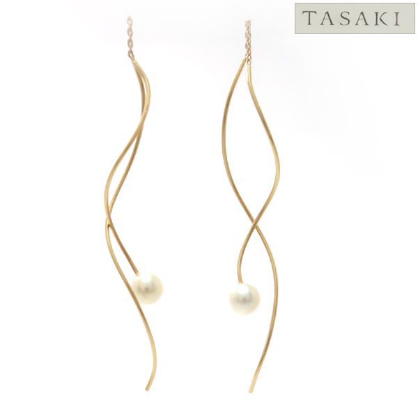 TASAKI アメリカン ピアス 750 チェーン ウェーブ K18 パール 5.8mm イエローゴールド 美品 箱付 タサキ 田崎真珠 ◆送料込◆質屋-11984
