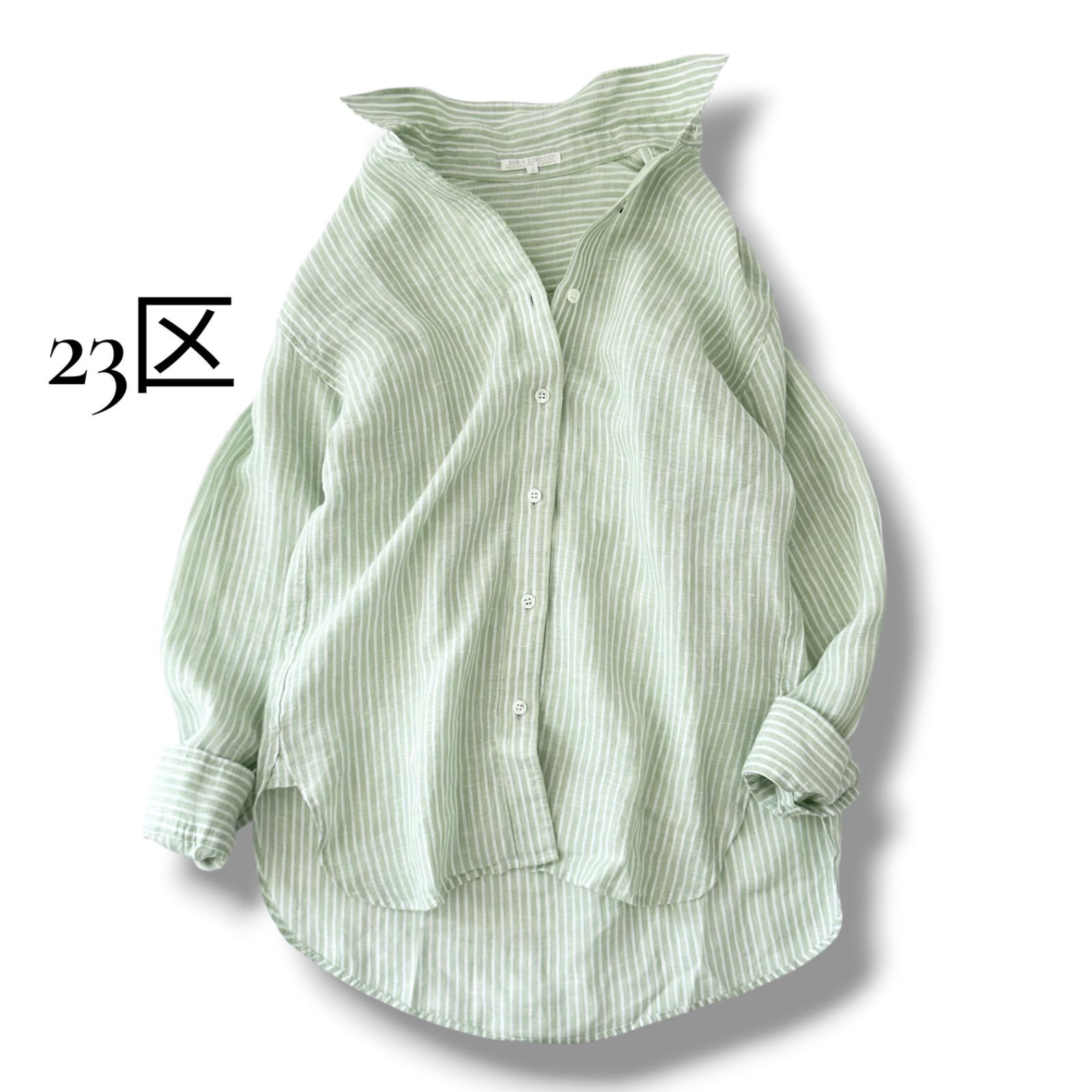 23区 LIBECO ベーシックシャツ ストライプ リネン 麻100% グリーン 36 2023SS ✨美品✨ 6MY031