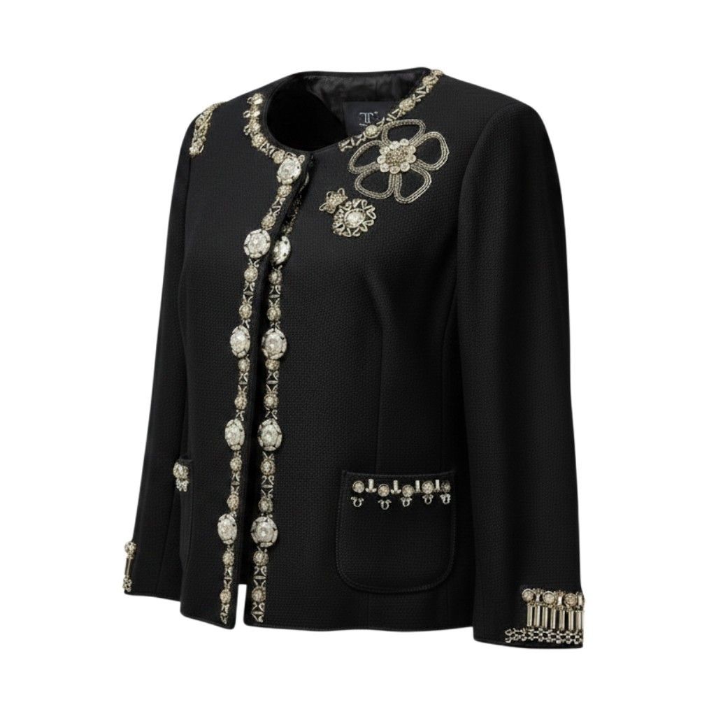 MOSCHINO パール装飾 フリル ノーカラージャケット ブラック ノーカラージャケット80e14 MOSCHINO モスキーノ ノーカラージャケット